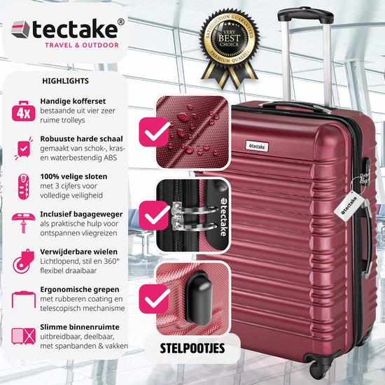 tectake® - Ensemble de valises à coque dure 4 pièces - Ensemble de valises de voyage à roulettes - ABS - Poignée télescopique et serrure - Pèse-bagages inclus - Tailles des trolleys S-M-L-XL - Rouge