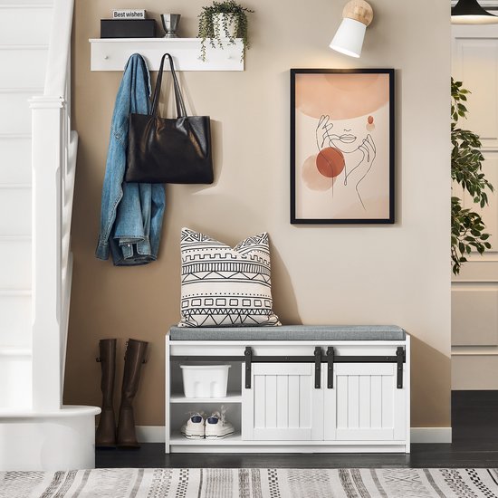 SoBuy Meuble d'entrée avec portes coulissantes, banc à chaussures à 6 compartiments pour l'entrée, 90x35x46 cm, blanc, FSR133-K-W