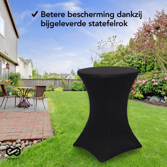 Infinity Goods 2x Stevige Statafel + 2x Zwarte Statafelrok - Partytafel - Robuust en Weersbestendig - Inklapbaar - 80cm x 110cm - Feest - Wit/Zwart