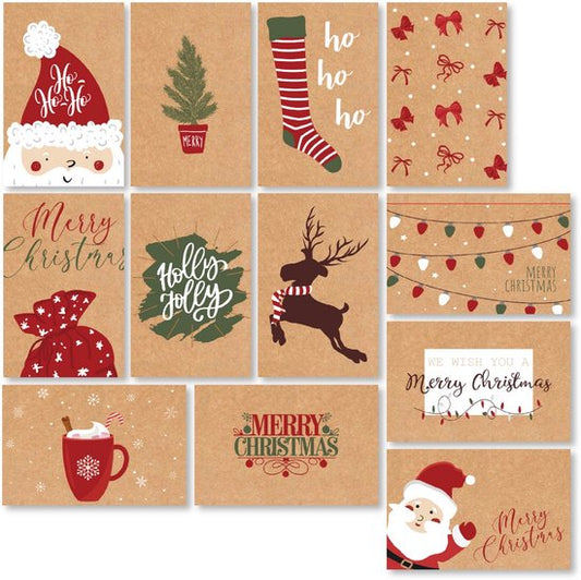Giftmas Christmas Collection - Set de cartes de vœux et de cartes de Noël - 36 cartes de vœux avec 12 motifs - Enveloppes et autocollants inclus - Papier kraft avec impression en noir pour les fêtes - 20×15 cm