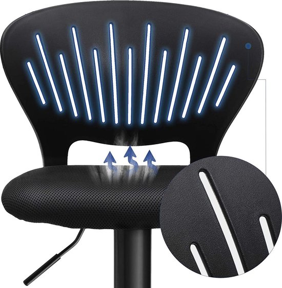 SONGMICS Tabouret de bar, ensemble de 2, tabouret de bar réglable en hauteur avec dossier couronné, pivotant à 360°, siège rembourré confortable, cuisine, bar, noir LJB04BK