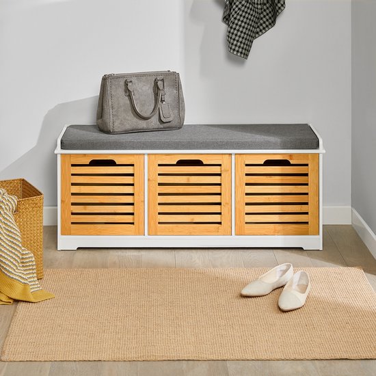 SoBuy Banc à chaussures avec coussin d'assise pour entrée ou salon, 3 paniers amovibles, 105x43x35 cm, FSR23-WN