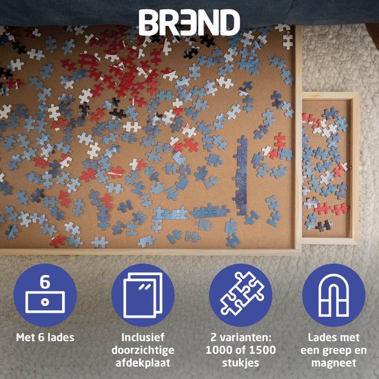 BR-2217 Plateau de puzzle pour 1500 pièces de puzzle avec 6 tiroirs - Plateau de puzzle avec système de rangement -- Tapis de puzzle en bois - Table de puzzle avec plaque de recouvrement