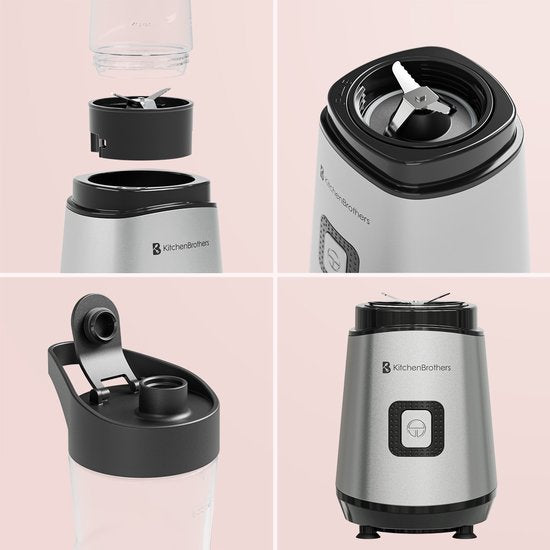 KitchenBrothers Mini Blender - Blender to Go - Smoothie Maker - 2 To-Go Cups 600 ml - acier inoxydable