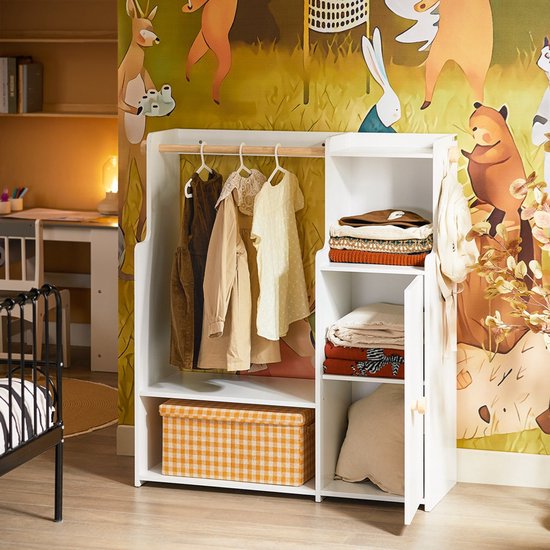 SoBuy Porte-vêtements pour enfants, Armoire avec 2 compartiments et 1 porte, solution de rangement pour chambre d'enfant, Blanc, 94x35x110 cm, KMB110-W