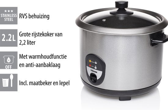 Cuiseur de riz Tristar 2.2L - RK-6129 - 10-12 personnes - Protection contre l'ébullition et le dessèchement, fonction maintien au chaud - acier inoxydable
