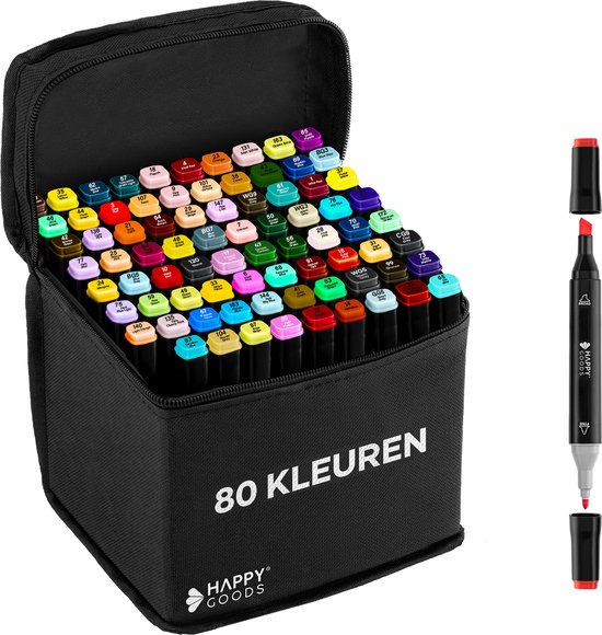 Happy Goods Twinmarkers - 80 marqueurs à alcool - Marqueurs - avec sac de rangement - Marqueurs pour adultes et enfants - Aquamarkers