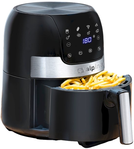 alpina Airfryer 4.5L- Friteuse à air chaud pour 2 à 4 personnes - Friteuse à air avec température réglable de 80°C à 200°C - Minuteur jusqu'à 60 minutes - Friteuse à air chaud 1400W - Noir