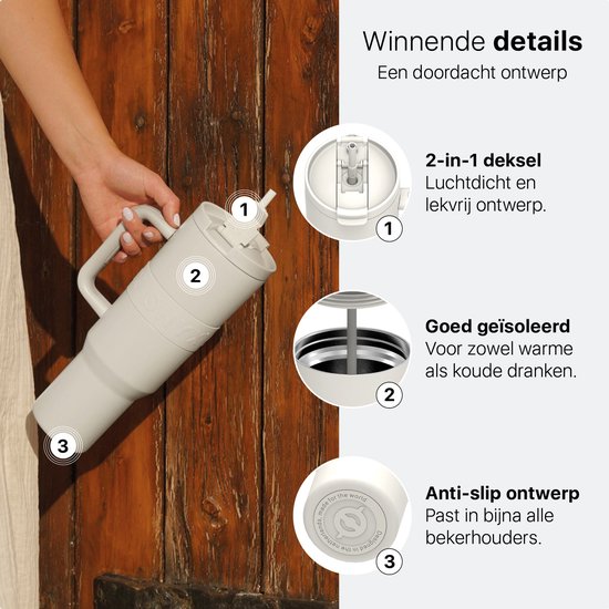 ONYX Bouteille à boire avec paille 1 litre - Bouteille d'eau pour enfants et adultes - Mug Thermos Mug de voyage en acier inoxydable - Buvette de motivation - Tasse à boire pour l'école - Blanc Coco