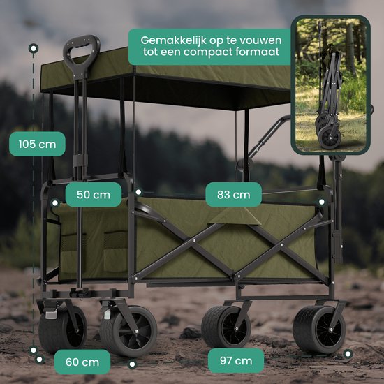 Avalo Bolderkar Avec Toit XL Pliable - Capacité de charge jusqu'à 110KG - 120L - 97x60x105 CM - Roues 360º - Bolderwagen / Bolderwagen / Chariot de plage / Chariot de randonnée / Bolderkar pliable - Pour la plage - Vert