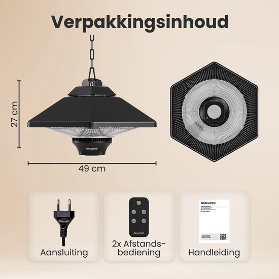 Auronic Terrace Heater - Chauffage infrarouge - Suspendu - 20m2 - Electrique - 2000W - Télécommande - 3 niveaux - Noir