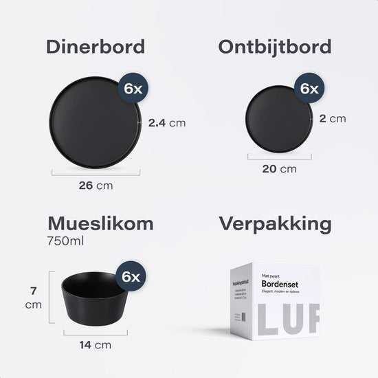 Luft Service de table 6 personnes - Service d'assiettes - Bols - Assiettes plates - Moderne - Faïence massive, céramique - Noir mat - 18 pièces