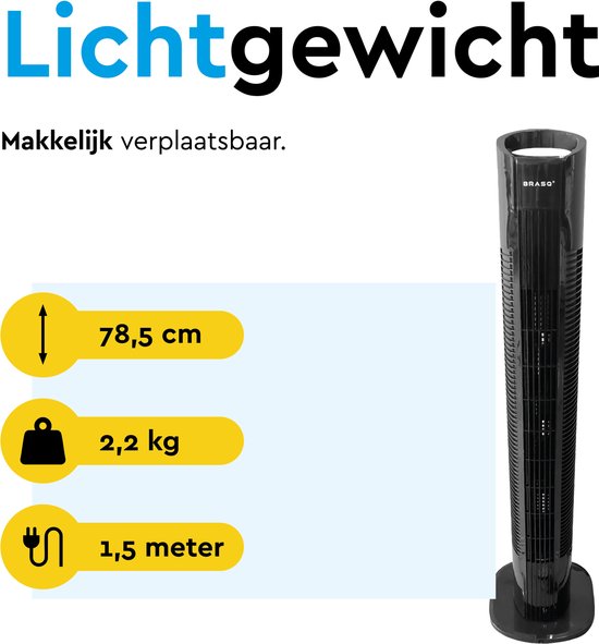 BRASQ Ventilateur de tour F500 - 80 cm de haut - noir - silencieux - avec télécommande - minuterie et mode veille - ventilateur de sol - 50W - pour chambre à coucher et bureau