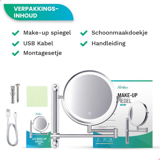 Mirlux Miroir de maquillage avec éclairage Led - rechargeable - grossissement 7X - Miroir grossissant avec lumière - Miroir de rasage - Miroir de salle de bain - Chrome