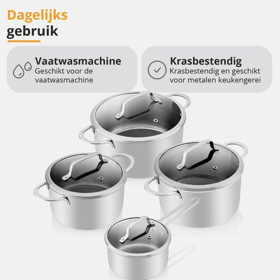 ETA HoneyComb Pan Set pour induction et toutes sources de chaleur - Résistant au four - Jeu de 4 poêles avec couvercle en verre - Acier inoxydable - antiadhésif - Acier inoxydable