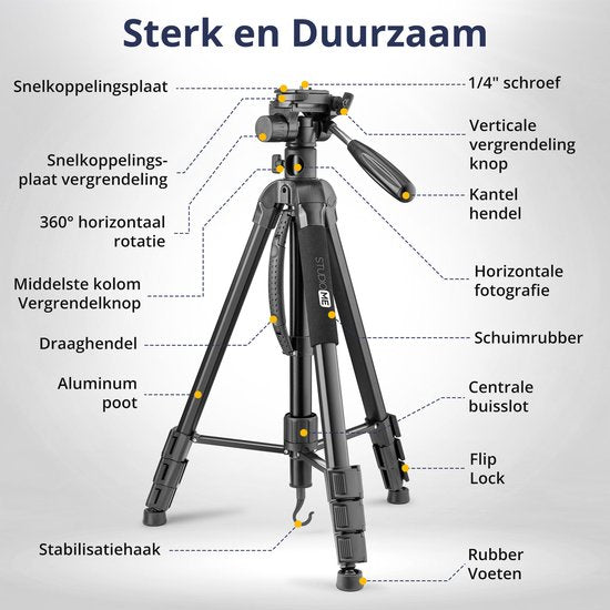 Studio ME Phone Tripod - 179 cm - Camera Tripod - Black - Monopod - Tripod Smartphone - Phone Holder - Tripod Iphone - Tripod Phone / Camera / DSLR