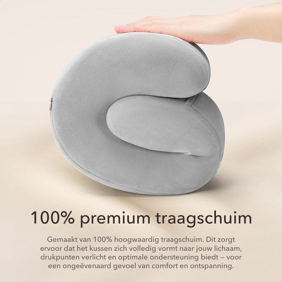 SKYCASES Travel Essentials - Oreiller de cou 3 pièces - Oreiller de voyage ergonomique en mousse à mémoire de forme avec masque pour les yeux et bouchons d'oreille - Idéal pour l'avion, la voiture et le train - Compact et luxueux - Gris clair