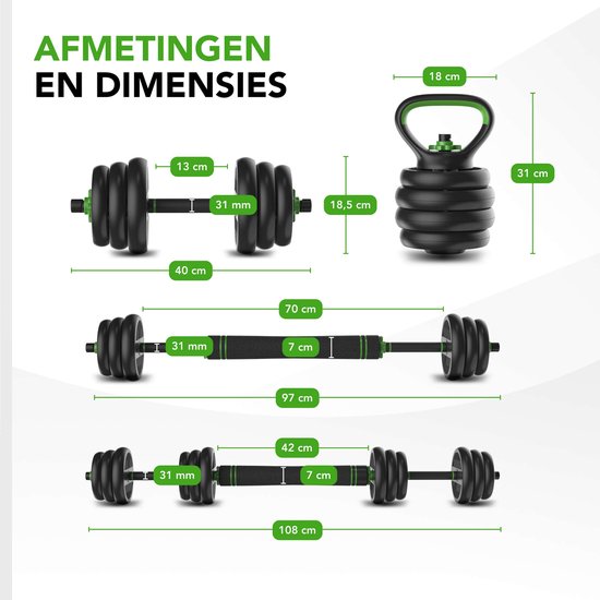 Ensemble d'haltères Tunturi et haltères Vinyl 20 kg - Ensemble d'haltères avec Kettlebell et Barbell - Supports de pompes - Fermeture à vis 30 mm - Poignée antidérapante