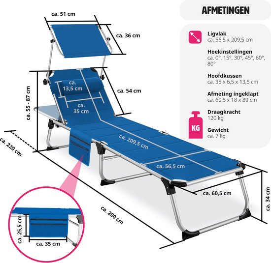 tectake® Lounger Lorella with sun canopy - Lounger - Lit de soleil rembourré - Pliable - Pour le jardin ou le balcon - Avec poche latérale - Dimensions (LxPxH) 220 x 60.5 x 34 cm - Bleu