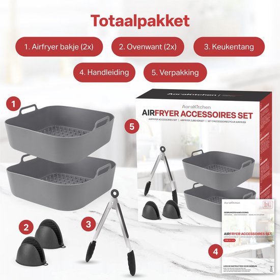 AoraKitchen Plateaux pour friteuse en silicone - 20cm - 5 pièces - Accessoires pour friteuse - Moufles et pinces inclus