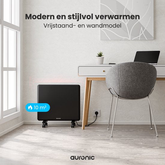 Auronic Convector Heater - 1000W - Chauffage électrique - 3 niveaux - Panneau métallique - Freestanding - Roues - Noir