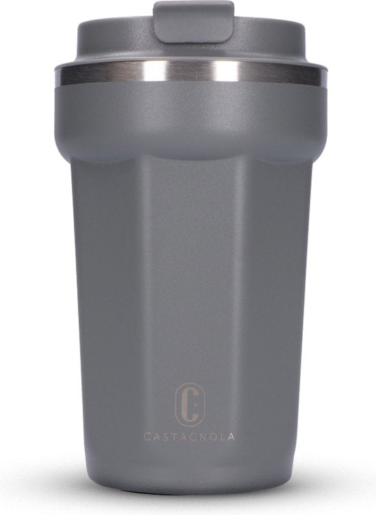 Castagnola Thermos Cup - Coffee Mug To Go - Travel Mug for Coffee and Tea - Tea Mug - 380 ML - Stainless Steel - Grey - Octagon