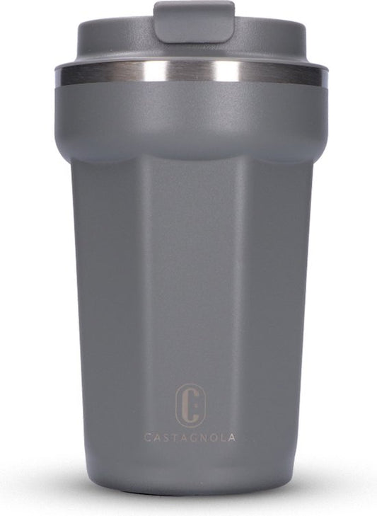 Castagnola Thermos Cup - Coffee Mug To Go - Travel Mug for Coffee and Tea - Tea Mug - 380 ML - Stainless Steel - Grey - Octagon