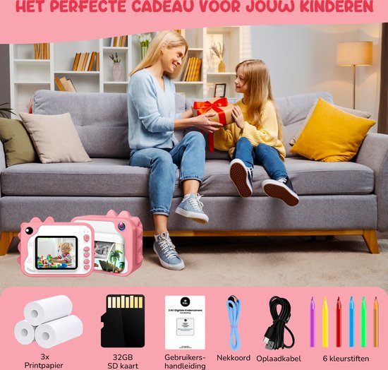 K&L® 3 IN 1 Digital Kids Camera + Instant print + play camera - 32GB micro sd card - camera kids - Vlog camera with games - Photo camera for kids - Small size toy - With video function - Pink