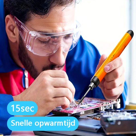 Tech Essentials Fer à souder sans fil - 8W - USB-C - avec étain - kit - soudure fine - stylo - batterie - set de soudure - souder - outil électrique - orange