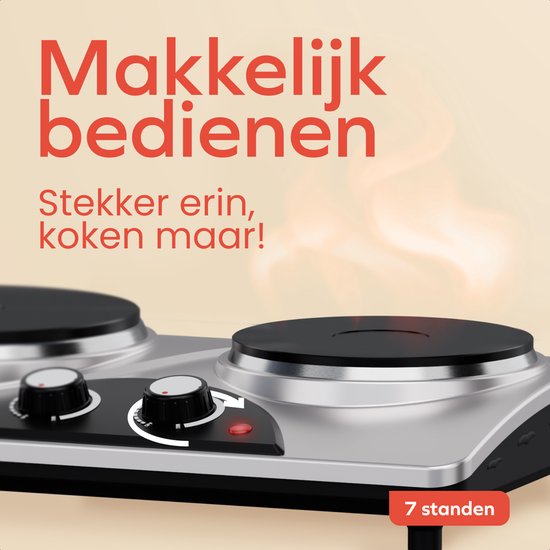 KitchenBrothers Table de cuisson électrique - 2 brûleurs - pose libre - 7 niveaux de température - 1500W + 1000W - inox/noir