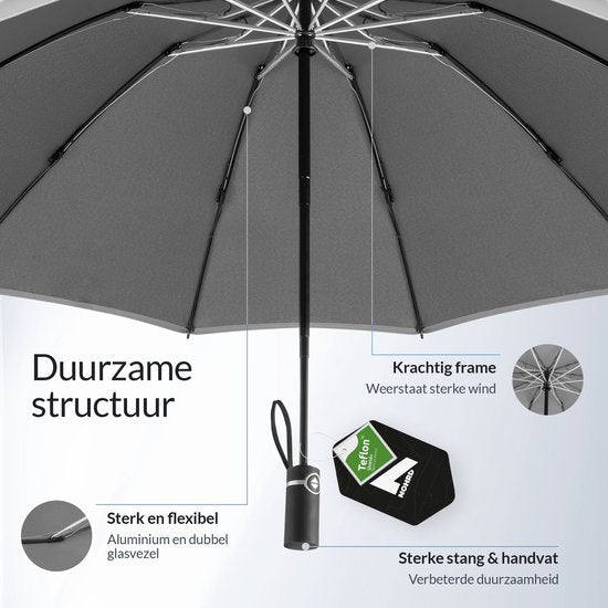 Parapluie tempête Nohrd - Gris - Parapluie pliable - Résistant à la tempête 108 km/h - Parapluies tempête - Pliage et dépliage automatique - Réfléchissant - Parapluies - Housse de protection incluse