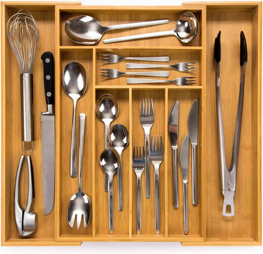 Budu Range-couverts extensible en bambou #47 (47 cm de profondeur) - Cassette à couverts en bois - Tiroir à couverts - 47 x 30.6 - 50 cm - 6/8 compartiments