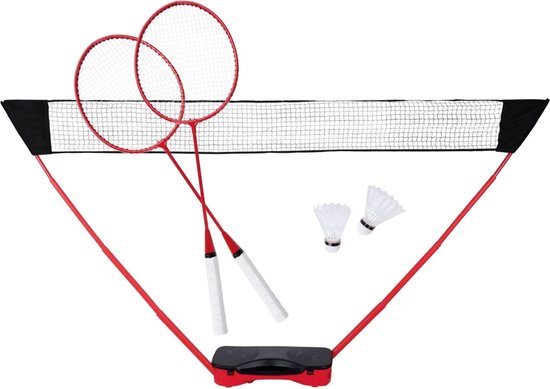 Donnay Set de Badminton - 2 personnes - Raquettes de badminton - Volants - Filet de badminton - Mallette de transport incluse - Noir/Rouge