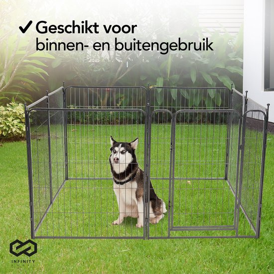 Infinity Goods Dog Run - Parc à chiots - 8 panneaux - 80 x 80 CM - 640 CM de circonférence - pliable - avec porte - acier - noir