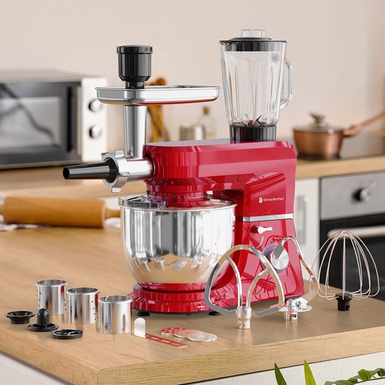 KitchenBrothers Robot de cuisine 6-en-1 - 1500W - Avec hachoir, blender et 15 accessoires - Bol en acier inoxydable de 6,2L - Rouge
