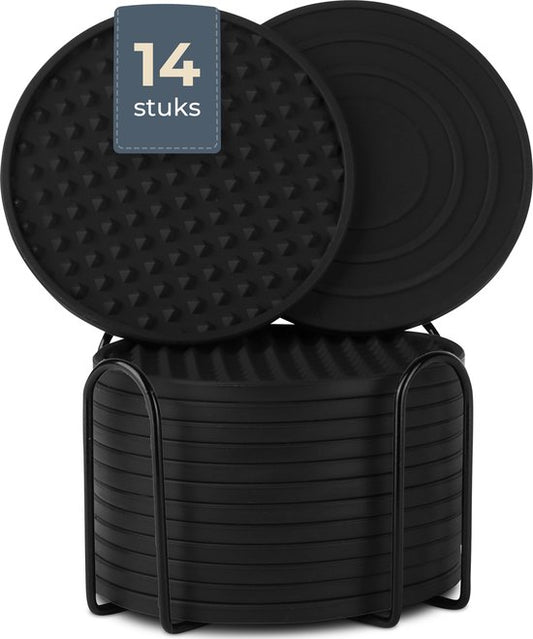 Castagnola Sous-verres en silicone - Sous-verres pour verres - Sous-verres design avec support - Set de sous-verres - Antidérapant - Lot de 14 - Noir