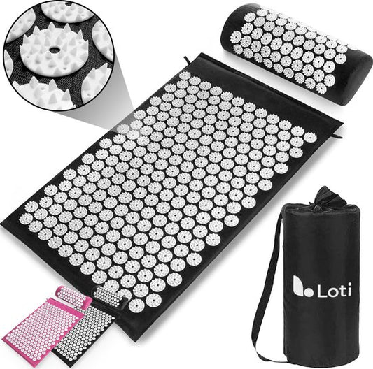 Loti Nail Mat with Nail Cushion - Black/White - Tapis d'acupression - Lit d'ongle - Coussin d'acupuncture - Massage Shakti - Sac de transport inclus
