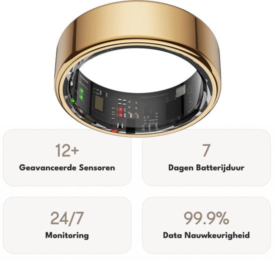 Focus® S1 Smart Ring - Or - Taille 8 - Fréquence cardiaque - Cycle menstruel - Moniteur de sommeil - Anneau intelligent - Performance sportive - Podomètre - IP68 Waterproof - Mesure de l'O2 - Femmes - Hommes - Wearables - Étui de chargement - anneau de pr