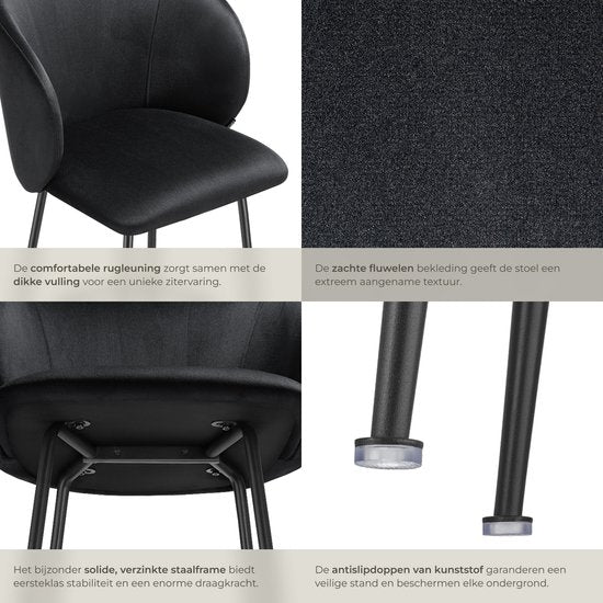 tectake® - Lot de 2 tabourets de bar Luana - Tabouret de bar rembourré avec dossier - Tabouret de bar avec repose-pieds - Chaise de salle à manger avec revêtement en velours - Pieds en acier robuste avec protection antidérapante du sol - Noir/noir