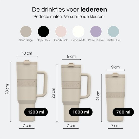 ONYX Bouteille à boire avec paille 1 litre - Bouteille d'eau pour enfants et adultes - Tasse thermos en acier inoxydable - Buvette de motivation - Tasse à boire pour l'école - Beige sable