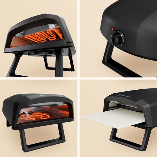 KitchenBrothers Four à Pizza - Electrique - Modèle de table - Sans PFAS - Pliable - Pierre à pizza - Pizzeria - Four à pizza pour l'extérieur et l'intérieur - Noir/Gris