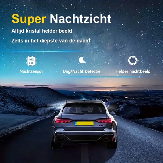 Tech Essentials® Dual Dashcam S1-Wifi pour voiture - Avec caméra arrière universelle - Full HD - Avec carte Micro SD 64GB - Avec vision nocturne - APP | Avant et arrière