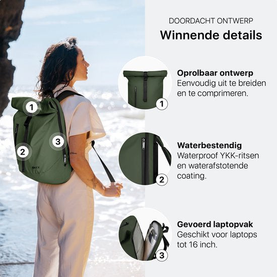 ONYX Rolltop PRO Backpack 20 à 30L - Avec compartiment pour ordinateur portable - Sac à dos ajustable - Sac de voyage - Imperméable et durable - Vert forêt