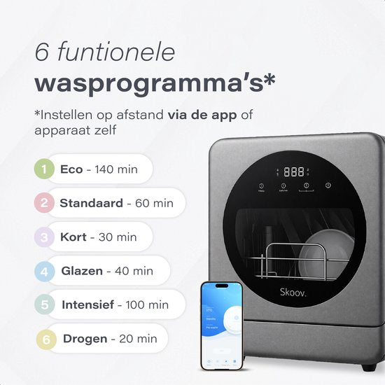 Skoov Mini lave-vaisselle avec réservoir d'eau - 5 couverts - 6 programmes de lavage - 45cm - Petit lave-vaisselle étroit à poser - Camping - Gris