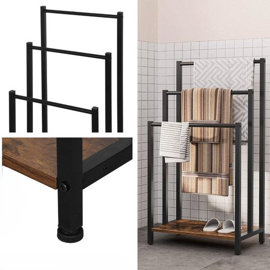 Ceruzo Porte-serviettes - Industriel - Autoportant - Métal - 3 Bras - Noir mat - aspect bois Salle de bain/cuisine