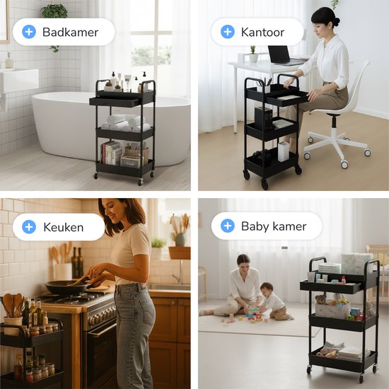 Chariot de cuisine avec tiroir sur roulettes - 3 étages - Étagère de cuisine - Chariot de service - Armoire - Chariot - Rangement - Armoires de douche sur pied - Étagère - Noir - Luft