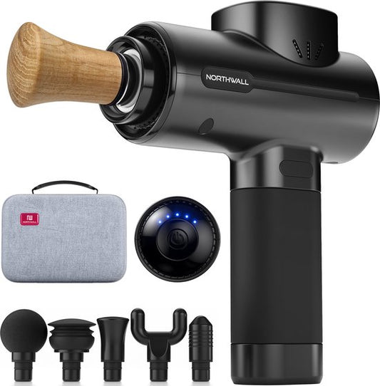 Northwall Massage Gun Professional PRO - Pistolet de massage avec étui et 6 accessoires dont une tête de massage en chêne - Appareil de massage sportif et de relaxation puissant et sans fil