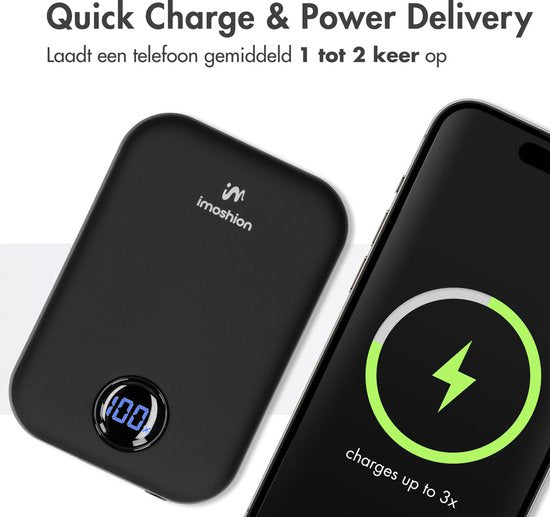 Batterie externe - imoshion - 10000 mAh - Adapté à MagSafe - Chargeur rapide 22.5W - USB C & USB A - Powerbank sans fil adapté à l'iPhone 12/13/14/15/16 - Noir