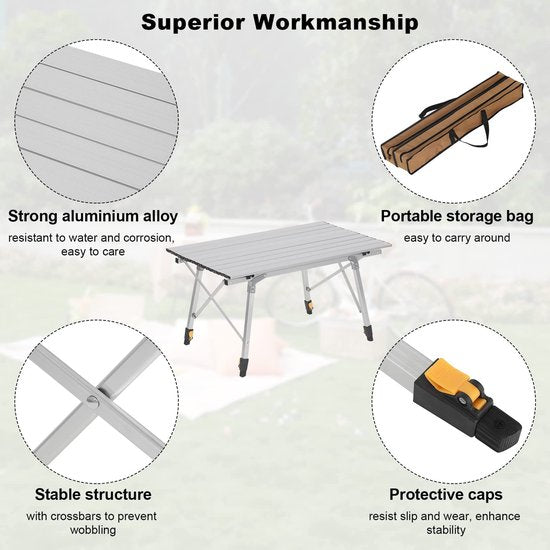 Rootz Camping Table - Bureau de pique-nique portable - Surface extérieure pliable - Support de voyage compact - Dîner en plein air - Mobilier de camping - Argent - 90x52.2cm
