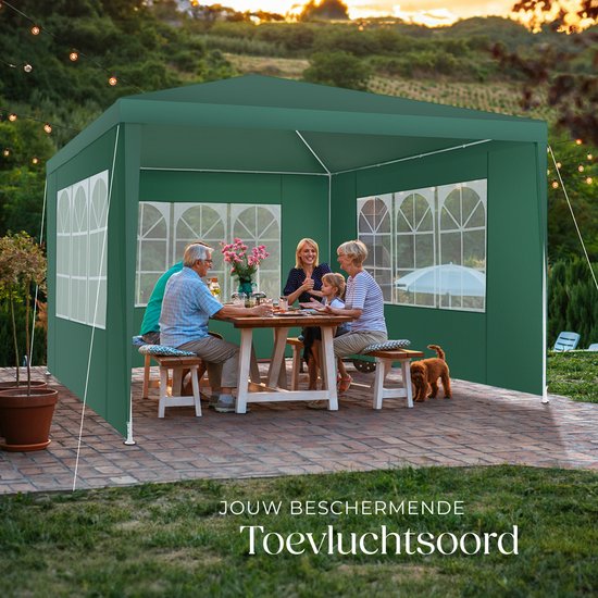 tectake® Pavillon - avec armature renforcée - Tente de réception 3x3 m - Bâche imperméable - Panneaux latéraux amovibles - Pavillon de jardin résistant aux intempéries - Lignes de tension et piquets inclus - Vert - Tente pliante pop-up